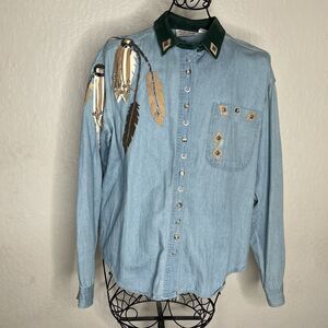 VTG Tillman Blue Denim Suede Fringed Horseshoe Western Shirt